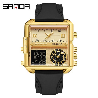 SANDA aukščiausios klasės prabangus auksinis ciferblatas daugiafunkcis elektroninis chronografas vyriškas laikrodis Odinis vandeniui atsparus laikrodis Relogio Masculino