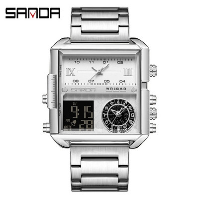 SANDA aukščiausios klasės prabangus auksinis ciferblatas daugiafunkcis elektroninis chronografas vyriškas laikrodis Odinis vandeniui atsparus laikrodis Relogio Masculino