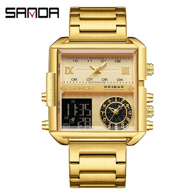 SANDA aukščiausios klasės prabangus auksinis ciferblatas daugiafunkcis elektroninis chronografas vyriškas laikrodis Odinis vandeniui atsparus laikrodis Relogio Masculino
