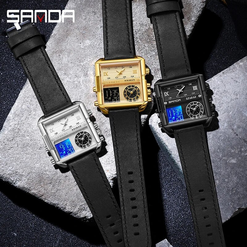 SANDA aukščiausios klasės prabangus auksinis ciferblatas daugiafunkcis elektroninis chronografas vyriškas laikrodis Odinis vandeniui atsparus laikrodis Relogio Masculino