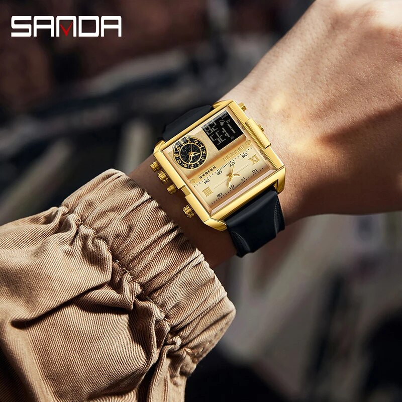 SANDA aukščiausios klasės prabangus auksinis ciferblatas daugiafunkcis elektroninis chronografas vyriškas laikrodis Odinis vandeniui atsparus laikrodis Relogio Masculino