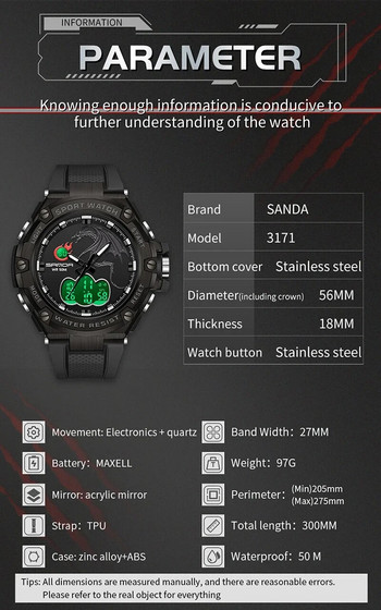 SANDA Ψηφιακό ρολόι LED Ανδρικό ρολόι χειρός Military Sport Quartz Κορυφαία μάρκα Πολυτελές χρονόμετρο αδιάβροχο ανδρικό ηλεκτρονικό ρολόι 3171