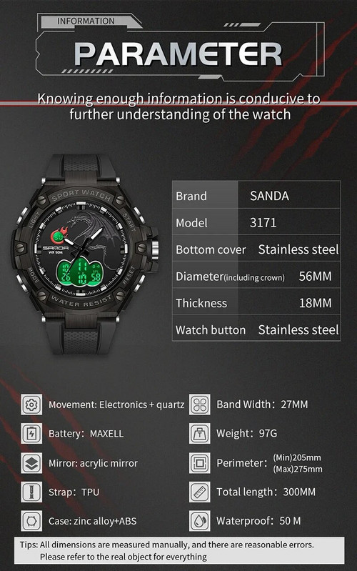SANDA Ceas digital cu LED Ceas de mână sport militar cu quartz Ceas de mână de lux Cronometru de lux Impermeabil Ceas electronic pentru bărbați 3171