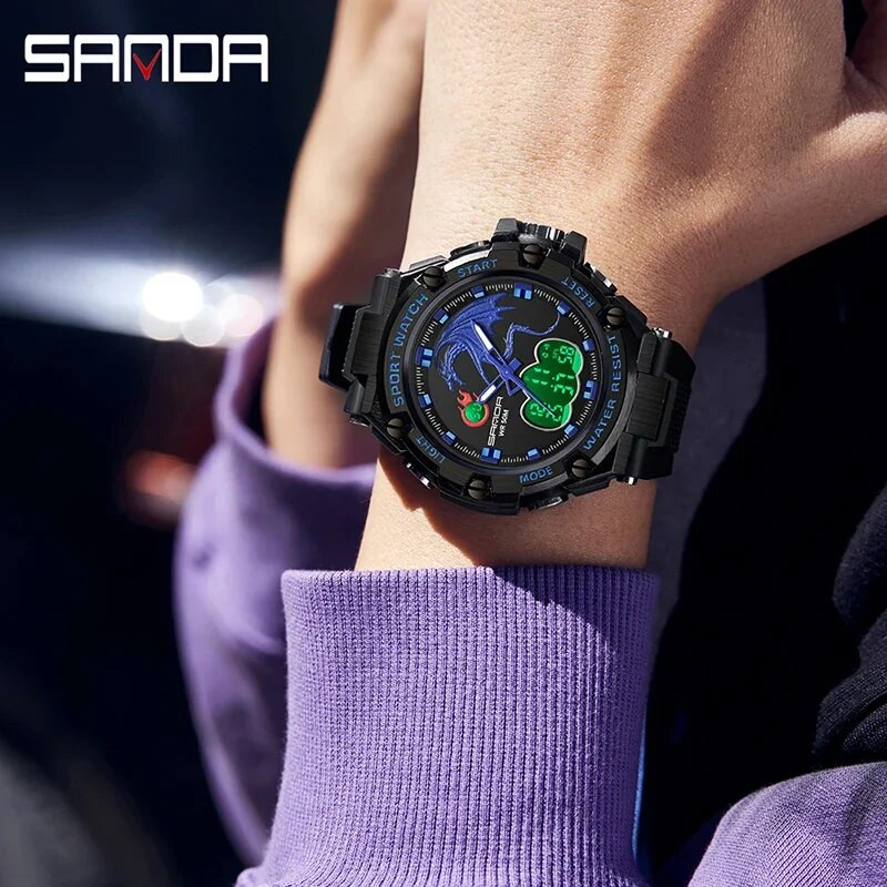 SANDA Ceas digital cu LED Ceas de mână sport militar cu quartz Ceas de mână de lux Cronometru de lux Impermeabil Ceas electronic pentru bărbați 3171