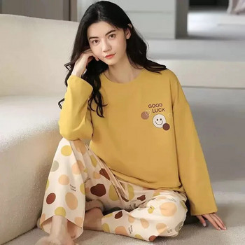 M-5XL Есенно-пролетен комплект пижами с голям размер за жени Дамски пижами с щампа Kawaii за момичета Модни дамски пижами с дълъг ръкав и О-образно деколте