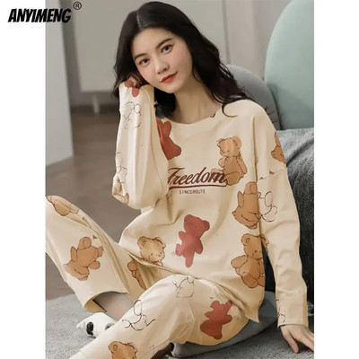 M-5XL Set de pijamale de primăvară de toamnă de mărime mare pentru femei, pijamale cu imprimare Kawaii pentru fete, pijamale pentru femei, la modă, cu mâneci lungi, cu gâtul în formă de O