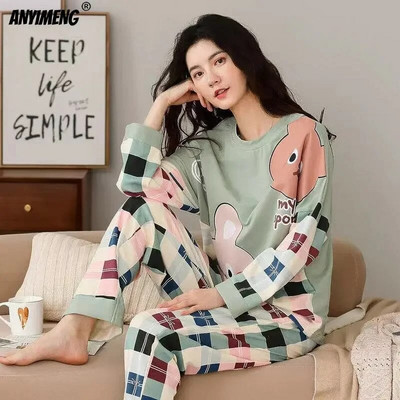 M-5XL Set de pijamale de primăvară de toamnă de mărime mare pentru femei, pijamale cu imprimare Kawaii pentru fete, pijamale pentru femei, la modă, cu mâneci lungi, cu gâtul în formă de O