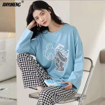 M-5XL Set de pijamale de primăvară de toamnă de mărime mare pentru femei, pijamale cu imprimare Kawaii pentru fete, pijamale pentru femei, la modă, cu mâneci lungi, cu gâtul în formă de O