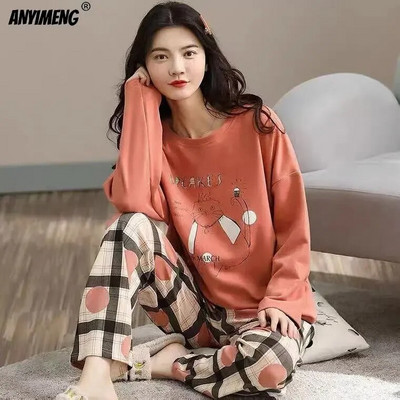 M-5XL Set de pijamale de primăvară de toamnă de mărime mare pentru femei, pijamale cu imprimare Kawaii pentru fete, pijamale pentru femei, la modă, cu mâneci lungi, cu gâtul în formă de O