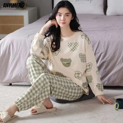 M-5XL Set de pijamale de primăvară de toamnă de mărime mare pentru femei, pijamale cu imprimare Kawaii pentru fete, pijamale pentru femei, la modă, cu mâneci lungi, cu gâtul în formă de O