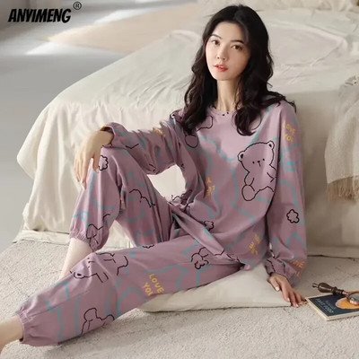 M-5XL Set de pijamale de primăvară de toamnă de mărime mare pentru femei, pijamale cu imprimare Kawaii pentru fete, pijamale pentru femei, la modă, cu mâneci lungi, cu gâtul în formă de O