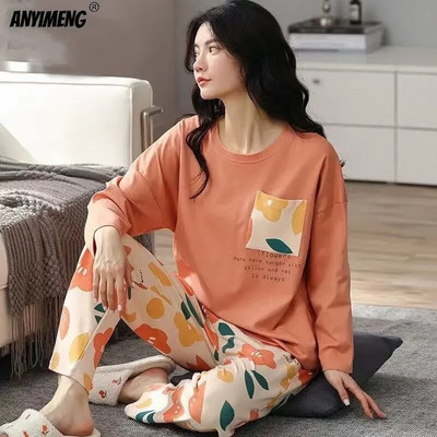 M-5XL Set de pijamale de primăvară de toamnă de mărime mare pentru femei, pijamale cu imprimare Kawaii pentru fete, pijamale pentru femei, la modă, cu mâneci lungi, cu gâtul în formă de O