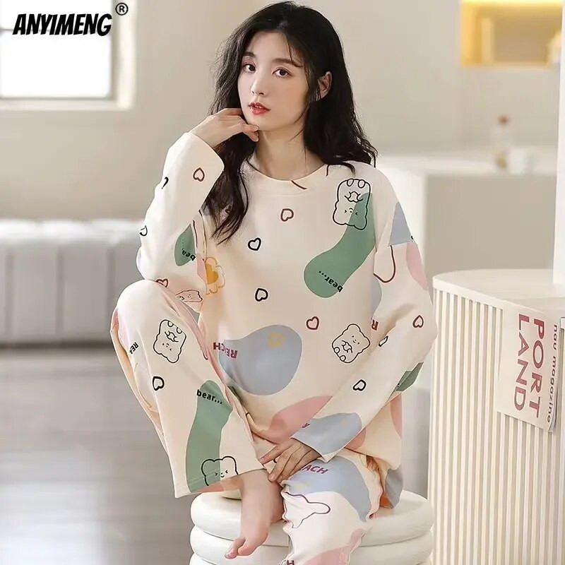 M-5XL Set de pijamale de primăvară de toamnă de mărime mare pentru femei, pijamale cu imprimare Kawaii pentru fete, pijamale pentru femei, la modă, cu mâneci lungi, cu gâtul în formă de O