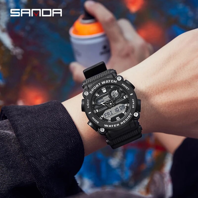Ceas de mână cu cuarț, marca sport SANDA, pentru bărbați, ceas digital cu timp dublu, rezistent la apă, ceas militar cu LED pentru bărbați.