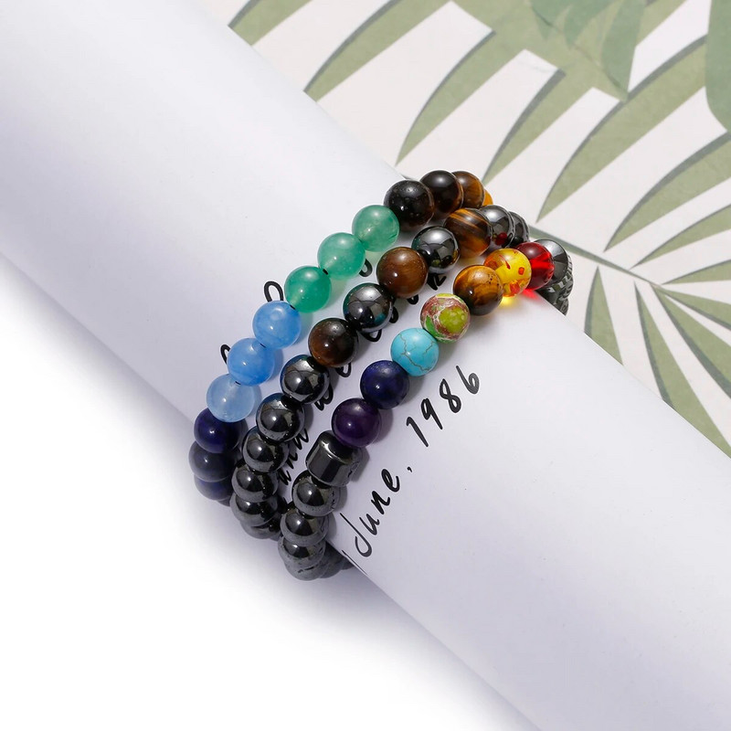 Brățară cu 7 chakre Bărbați Femei Pietra hematită naturală Bijuterii vindecătoare Mandala Yoga Brățară meditație Cadou