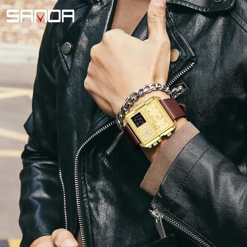 SANDA Ceas digital cu LED Ceas de mână sport militar cu quartz pentru bărbați Ceas de mână de lux de marcă de top Ceas electronic impermeabil pentru bărbați 6023