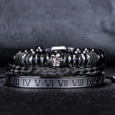 3 τμχ/σετ Πολυτελές ανδρικό κρανίο κεφαλή χειροποίητα βραχιόλια από σμάλτο βραχιόλια με ρωμαϊκούς αριθμούς Χάντρες αιματίτη κοσμήματα Hiphop