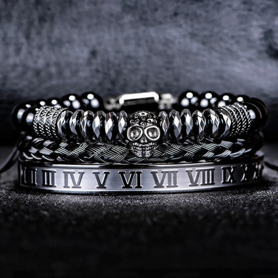 3 τμχ/σετ Πολυτελές ανδρικό κρανίο κεφαλή χειροποίητα βραχιόλια από σμάλτο βραχιόλια με ρωμαϊκούς αριθμούς Χάντρες αιματίτη κοσμήματα Hiphop