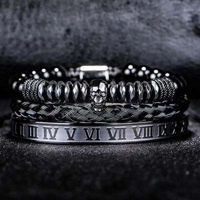 3 τμχ/σετ Πολυτελές ανδρικό κρανίο κεφαλή χειροποίητα βραχιόλια από σμάλτο βραχιόλια με ρωμαϊκούς αριθμούς Χάντρες αιματίτη κοσμήματα Hiphop