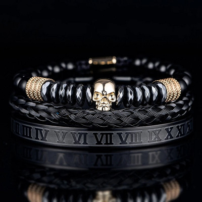 3 τμχ/σετ Πολυτελές ανδρικό κρανίο κεφαλή χειροποίητα βραχιόλια από σμάλτο βραχιόλια με ρωμαϊκούς αριθμούς Χάντρες αιματίτη κοσμήματα Hiphop