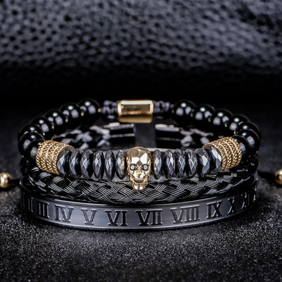 3 τμχ/σετ Πολυτελές ανδρικό κρανίο κεφαλή χειροποίητα βραχιόλια από σμάλτο βραχιόλια με ρωμαϊκούς αριθμούς Χάντρες αιματίτη κοσμήματα Hiphop