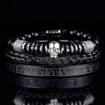 3 τμχ/σετ Πολυτελές ανδρικό κρανίο κεφαλή χειροποίητα βραχιόλια από σμάλτο βραχιόλια με ρωμαϊκούς αριθμούς Χάντρες αιματίτη κοσμήματα Hiphop