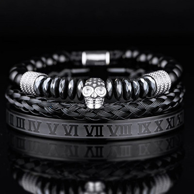 3 τμχ/σετ Πολυτελές ανδρικό κρανίο κεφαλή χειροποίητα βραχιόλια από σμάλτο βραχιόλια με ρωμαϊκούς αριθμούς Χάντρες αιματίτη κοσμήματα Hiphop