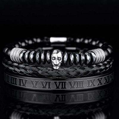 3 τμχ/σετ Πολυτελές ανδρικό κρανίο κεφαλή χειροποίητα βραχιόλια από σμάλτο βραχιόλια με ρωμαϊκούς αριθμούς Χάντρες αιματίτη κοσμήματα Hiphop