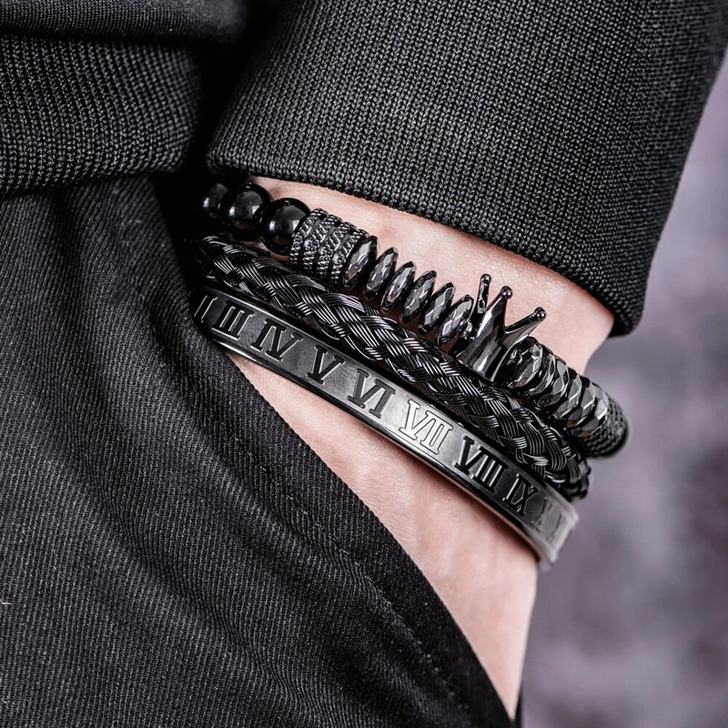 3 τμχ/σετ Πολυτελές ανδρικό κρανίο κεφαλή χειροποίητα βραχιόλια από σμάλτο βραχιόλια με ρωμαϊκούς αριθμούς Χάντρες αιματίτη κοσμήματα Hiphop
