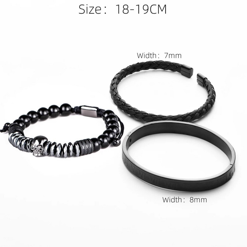 3 τμχ/σετ Πολυτελές ανδρικό κρανίο κεφαλή χειροποίητα βραχιόλια από σμάλτο βραχιόλια με ρωμαϊκούς αριθμούς Χάντρες αιματίτη κοσμήματα Hiphop