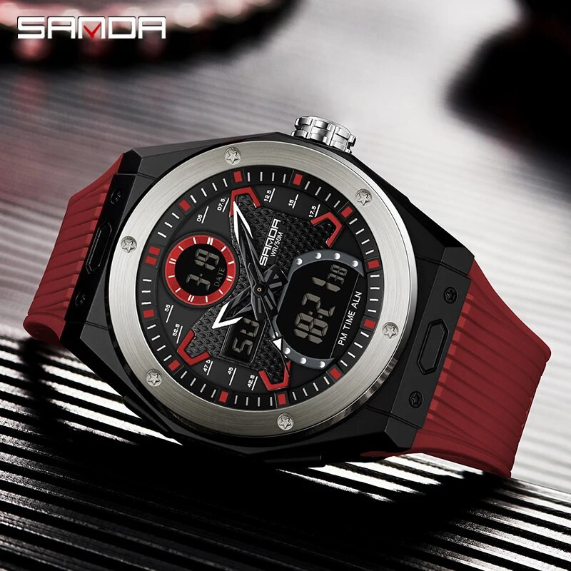 SANDA Sport vyriškas laikrodis Madingas kvarcinis laikrodis 2Time vandeniui atsparus karinis elektroninis LED rankinis laikrodis vyrams Vyriškas laikrodis Reloj Hombre