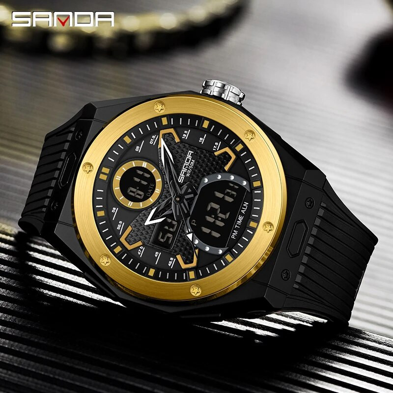 SANDA Sport vyriškas laikrodis Madingas kvarcinis laikrodis 2Time vandeniui atsparus karinis elektroninis LED rankinis laikrodis vyrams Vyriškas laikrodis Reloj Hombre