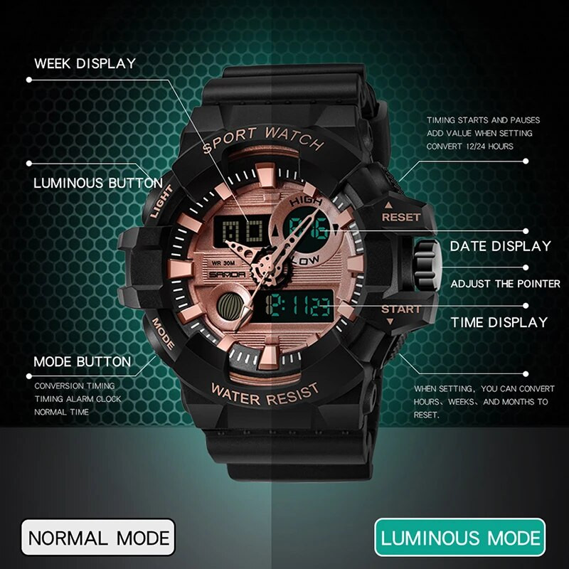 Ceasuri sportive de lux de marcă de top SANDA pentru bărbați Ceas pentru bărbați, cu LED, electronic, digital, militar, rezistent la șocuri