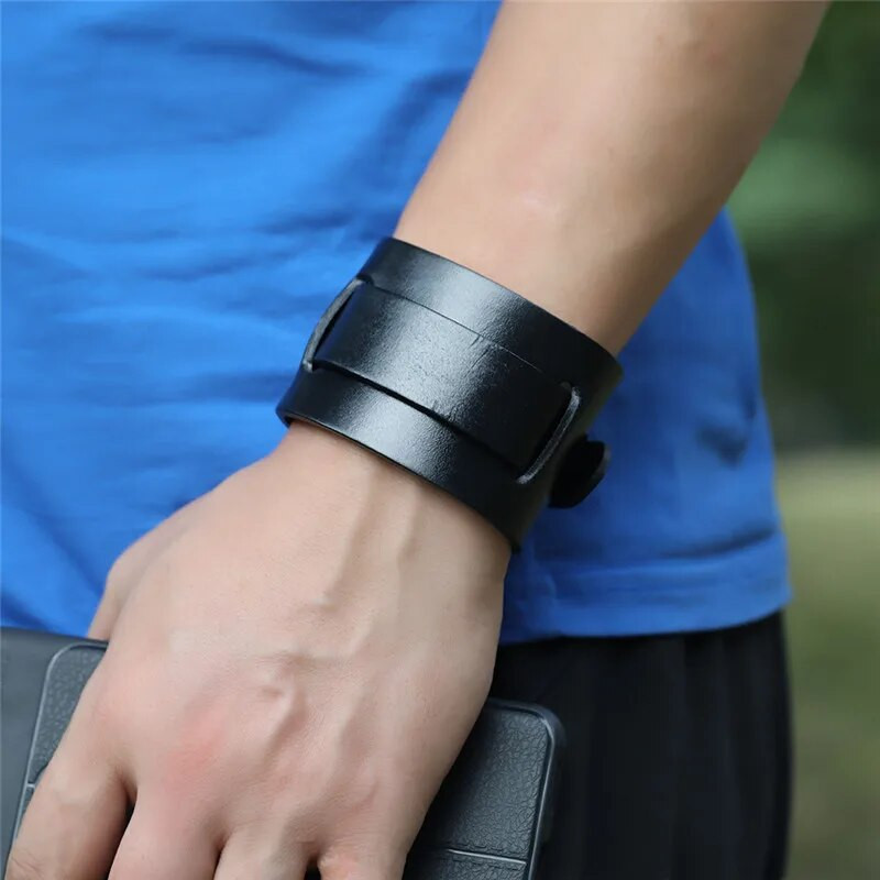 LETAPI Nauja mados punk vintage plati natūralios odos apyrankė vyrams Ruda juoda plati odinė papuošalai pulsera hombre