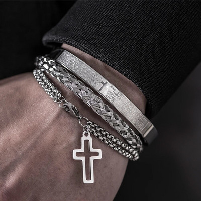 Luksuzni set od 3 komada Narukvica od nehrđajućeg čelika Micro Pave CZ Cross Hip Hop Muški nakit Šarm Open Brangle Rezbarija Španjolsko pismo