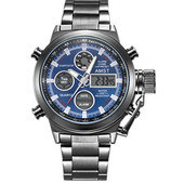 Nauji madingi vyriški kvarciniai dvigubo ekrano laikrodžiai Prabangūs nerūdijančio plieno elektroniniai, vandeniui atsparūs vyriški rankiniai laikrodžiai