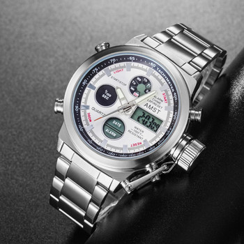 Нови модни мъжки кварцови часовници с двоен дисплей Луксозен часовник от неръждаема стомана от най-добра марка Електронни водоустойчиви спортни мъжки ръчни часовници