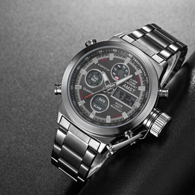 Nauji madingi vyriški kvarciniai dvigubo ekrano laikrodžiai Prabangūs nerūdijančio plieno elektroniniai, vandeniui atsparūs vyriški rankiniai laikrodžiai