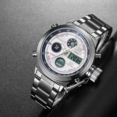 Nauji madingi vyriški kvarciniai dvigubo ekrano laikrodžiai Prabangūs nerūdijančio plieno elektroniniai, vandeniui atsparūs vyriški rankiniai laikrodžiai