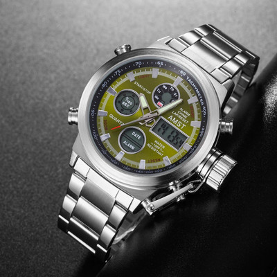 Nauji madingi vyriški kvarciniai dvigubo ekrano laikrodžiai Prabangūs nerūdijančio plieno elektroniniai, vandeniui atsparūs vyriški rankiniai laikrodžiai