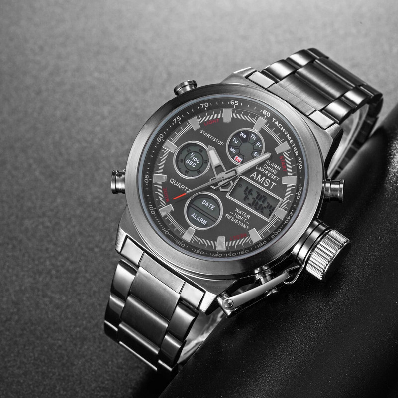 Nauji madingi vyriški kvarciniai dvigubo ekrano laikrodžiai Prabangūs nerūdijančio plieno elektroniniai, vandeniui atsparūs vyriški rankiniai laikrodžiai