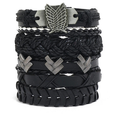 Μόδα Μαύρο κρανίο δερμάτινο βραχιόλι με χάντρες πολλαπλών στρώσεων για άνδρες σετ Ρυθμιζόμενο DIY δερμάτινο σχοινί χειρός
