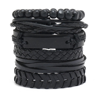 Μόδα Μαύρο κρανίο δερμάτινο βραχιόλι με χάντρες πολλαπλών στρώσεων για άνδρες σετ Ρυθμιζόμενο DIY δερμάτινο σχοινί χειρός
