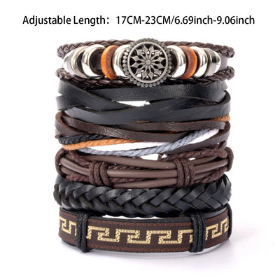 Μόδα Μαύρο κρανίο δερμάτινο βραχιόλι με χάντρες πολλαπλών στρώσεων για άνδρες σετ Ρυθμιζόμενο DIY δερμάτινο σχοινί χειρός