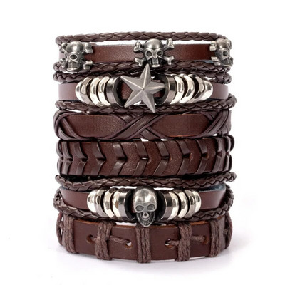 Μόδα Μαύρο κρανίο δερμάτινο βραχιόλι με χάντρες πολλαπλών στρώσεων για άνδρες σετ Ρυθμιζόμενο DIY δερμάτινο σχοινί χειρός