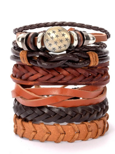 Μόδα Μαύρο κρανίο δερμάτινο βραχιόλι με χάντρες πολλαπλών στρώσεων για άνδρες σετ Ρυθμιζόμενο DIY δερμάτινο σχοινί χειρός