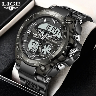 LIGE Спортен военен кварцов мъжки електронен часовник 50M Водоустойчив цифров часовник с аларма за мъже Моден луксозен силиконов мъжки часовник+кутия