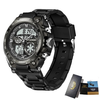 LIGE sportinis karinis kvarcinis vyriškas elektroninis laikrodis 50M vandeniui atsparus skaitmeninis žadintuvas vyrams Madingas prabangus silikoninis vyriškas laikrodis + dėžutė