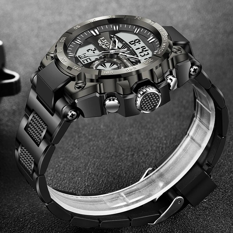 LIGE sportinis karinis kvarcinis vyriškas elektroninis laikrodis 50M vandeniui atsparus skaitmeninis žadintuvas vyrams Madingas prabangus silikoninis vyriškas laikrodis + dėžutė