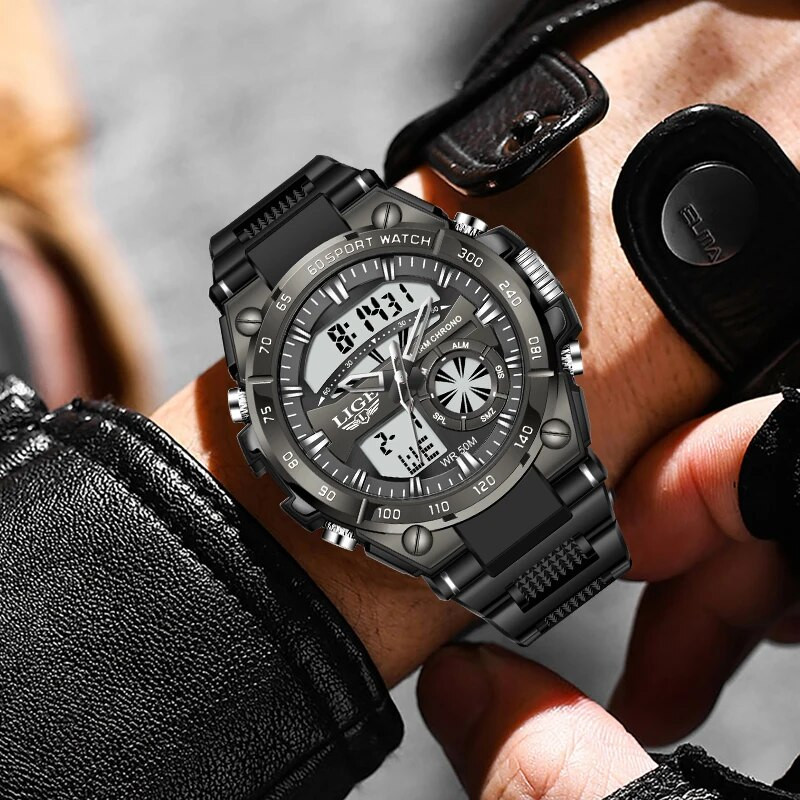 LIGE sportinis karinis kvarcinis vyriškas elektroninis laikrodis 50M vandeniui atsparus skaitmeninis žadintuvas vyrams Madingas prabangus silikoninis vyriškas laikrodis + dėžutė